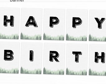 Adventure Awaits Editable Happy Birthday Banner Decorations - Instant Access Edit Now -Forest Camping Mountains Invite Digital Printable DIY