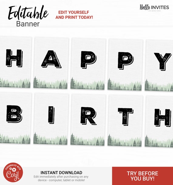 Adventure Awaits Editable Happy Birthday Banner Decorations - Instant Access Edit Now -Forest Camping Mountains Invite Digital Printable DIY Il_570xn
