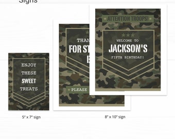 Camo Custom Party Sign Birthday Decorations - Instant Access Edit Now - Military Army Digital Printable DIY Decor