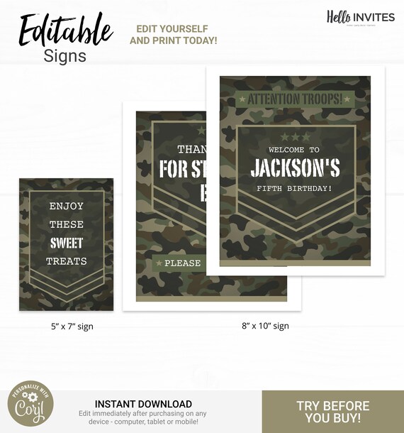 Camo Custom Party Sign Birthday Decorations - Instant Access Edit Now - Military Army Digital Printable DIY Decor Il_570xn
