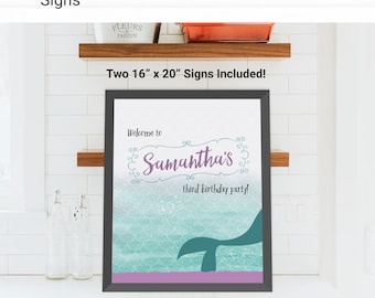 Mermaid Custom Party Sign Birthday Decorations - Instant Access Edit Now - Under the Sea Ocean Pool Party Digital Printable DIY Decor