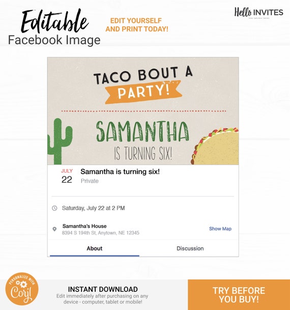 Taco Facebook Event Birthday Image Invitation - Instant Access Edit Now - Fiesta Taco Cactus Party Invite Digital Printable DIY Invitation Il_570xn