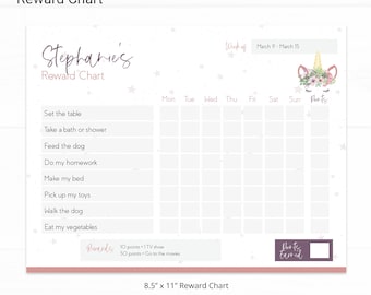 Unicorn Editable Reward Chart - Instant Access Edit Now - Magical Rainbow Printable Chore Chart Weekly Reward Chart for Kids Printable