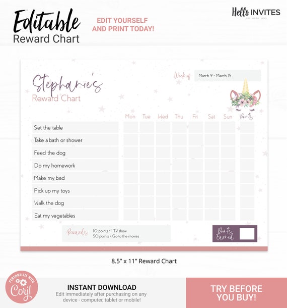 Unicorn Editable Reward Chart - Instant Access Edit Now - Magical Rainbow Printable Chore Chart Weekly Reward Chart for Kids Printable Il_570xn