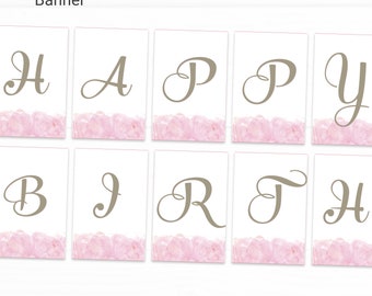 Pink Watercolor Editable Happy Birthday Banner Decorations - Instant Access Edit Now - Modern Girly Digital Printable DIY Decor