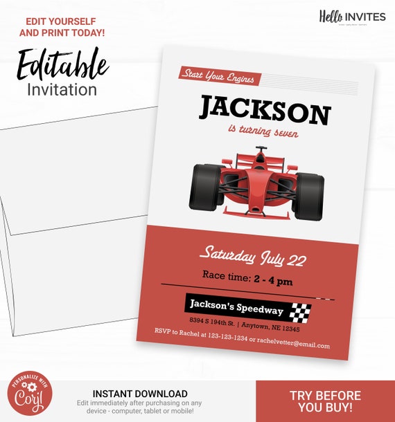 Race Car Birthday Invitation - Instant Access Edit Now - Start Your Engines Racing Invite Digital Printable DIY Invitation Il_570xn