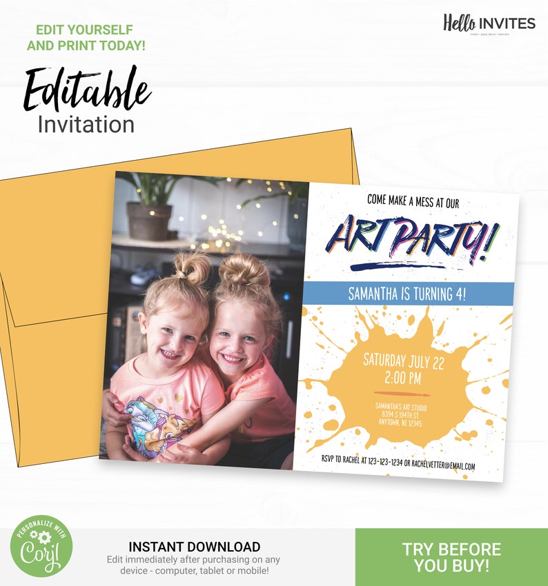 Art Party Birthday Invitation with Photo Instant Access Edit Now Rainbow Artist Palette Invite Digital Printable Invitation image 1