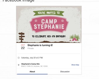 Camping Facebook Event Image Birthday Invitation - Instant Access Edit Now - Forest Camping Mountains Pink Invite Digital Printable DIY