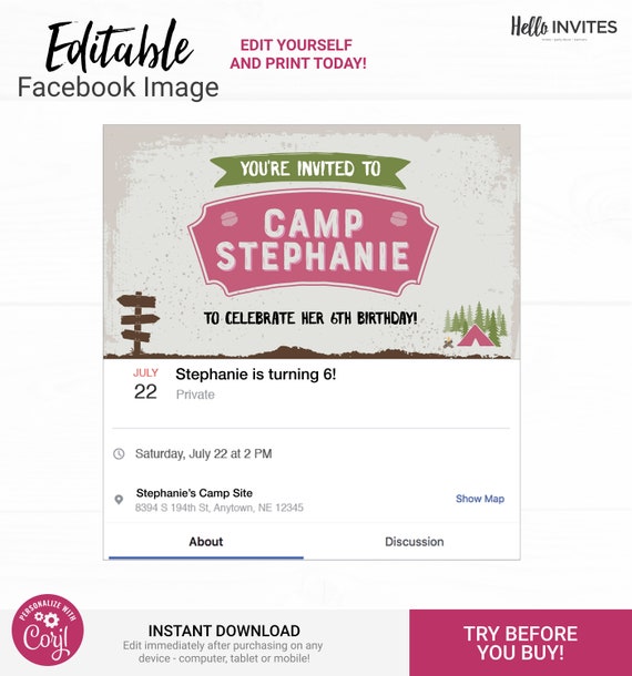 Camping Facebook Event Image Birthday Invitation - Instant Access Edit Now - Forest Camping Mountains Pink Invite Digital Printable DIY Il_570xn