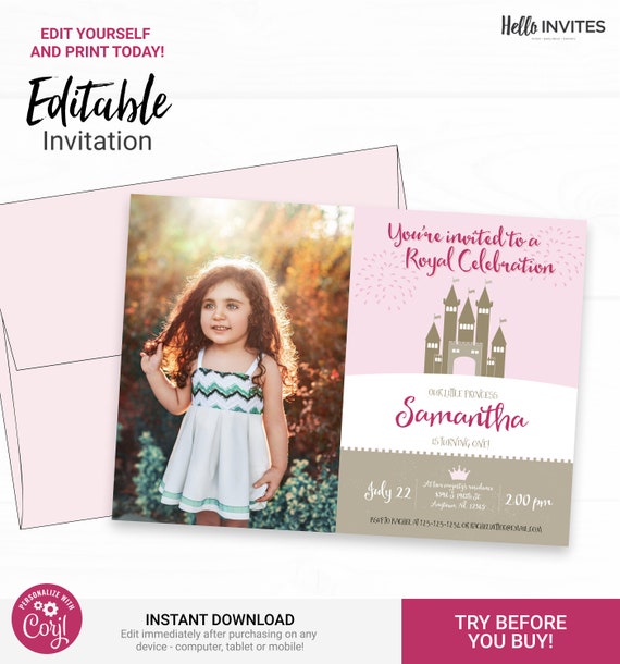 Princess Birthday Invitation with Photo - Instant Access Edit Now - Royal Castle Celebration Invite Digital Printable DIY Invitation Il_570xn