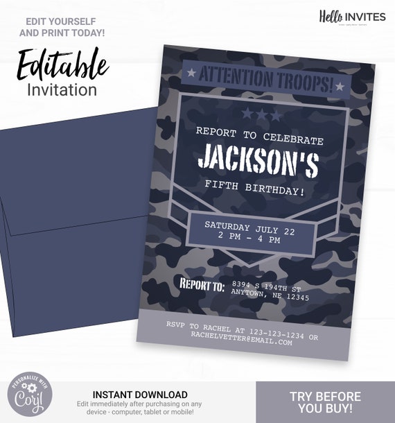 Camo Blue Birthday Invitation - Instant Access Edit Now - Military Army Camouflage Invite Digital Printable DIY Invitation Il_570xn