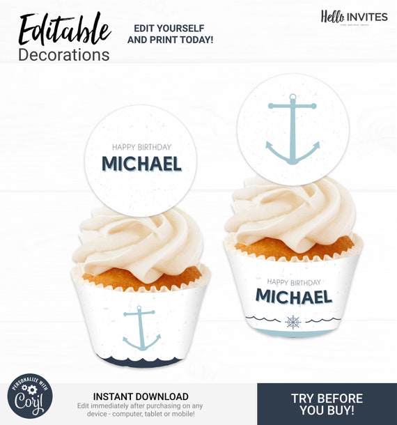 Nautical Cupcake Topper and Wrapper Birthday Decorations - Instant Access Edit Now - Ahoy Sailor Anchor Party Digital Printable DIY Decor Il_570xn