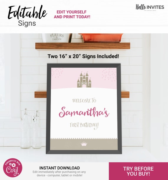 Princess Custom Party Sign Birthday Decorations - Instant Access Edit Now - Royal Castle Celebration Digital Printable DIY Decor Il_570xn