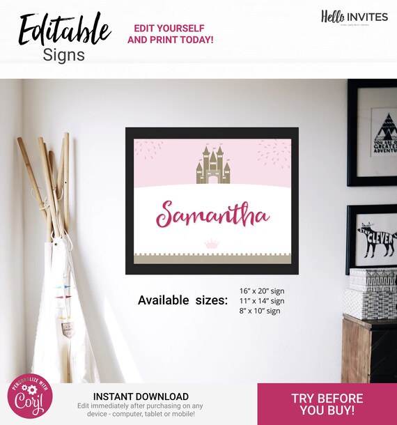 Princess Playroom Bedroom Wall Art - Instant Access Edit Now - Castle Crown Nursery Toddler Kids Name Sign Decoration Printable Il_570xn