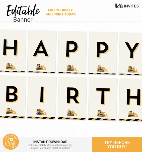Construction Editable Happy Birthday Banner Decorations - Instant Access Edit Now - Dump Truck Party Digital Printable DIY Decor Il_570xn
