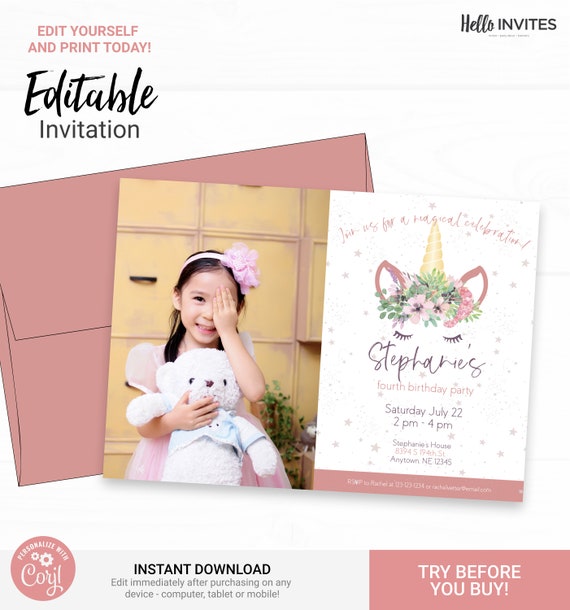 Unicorn Birthday Invitation with Photo - Instant Access Edit Now - Magical Rainbow Party Invite Digital Printable DIY Invitation Il_570xn