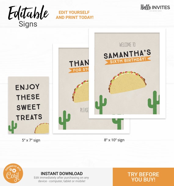 Taco Custom Party Sign Birthday Decorations - Instant Access Edit Now - Fiesta Taco Cactus Party Digital Printable DIY Decor Il_570xn