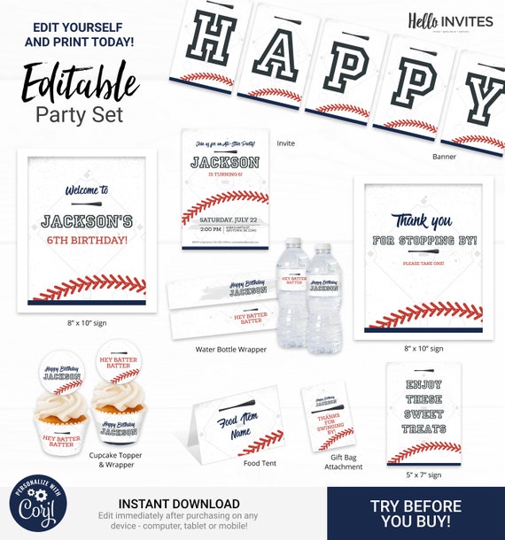 Baseball Birthday Party Decorations - Instant Access Edit Now - Baseball Bat Field Invite Digital Printable DIY Decor Il_570xn