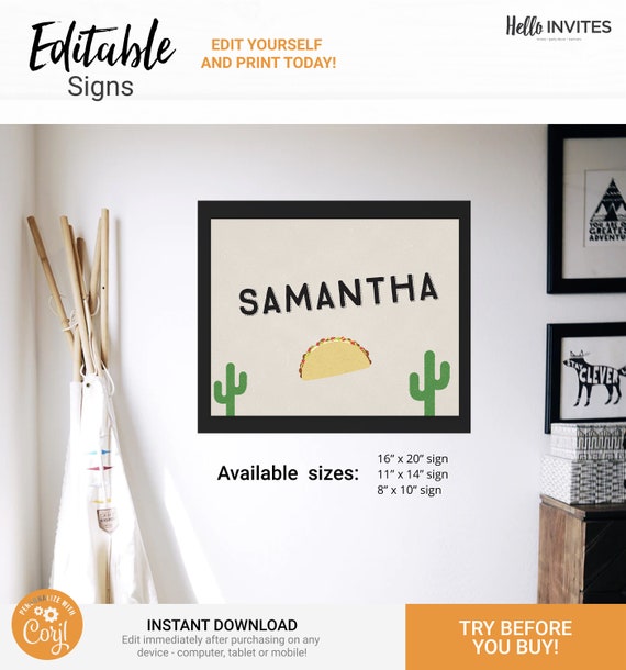 Taco Playroom Bedroom Wall Art - Instant Access Edit Now - Fiesta Taco Cactus Nursery Toddler Kids Name Sign Decoration Printable Il_570xn