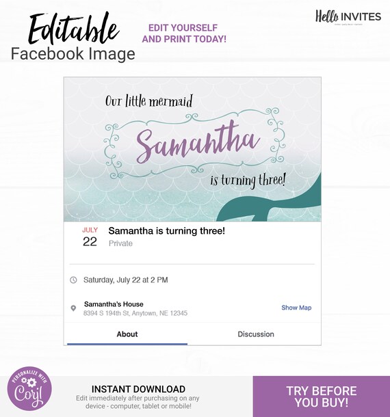 Mermaid Facebook Event Birthday Invitation - Instant Access Edit Now - Under the Sea Ocean Pool Party Invite Digital Printable DIY Invite Il_570xn