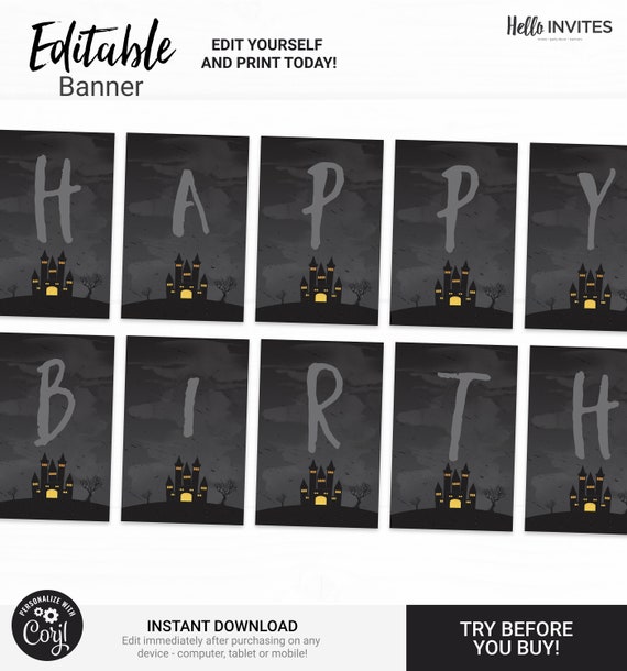 Halloween Editable Happy Birthday Party Banner DIY Party Pack Decorations Haunted House 