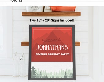 Adventure Awaits Custom Party Sign Birthday Decorations - Instant Access Edit Now - Forest Camping Mountains Invite Digital Printable DIY