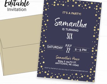 Glam Birthday Invitation - Instant Access Edit Now - Minimal Modern Glitter Blue Gold Invite Digital Printable DIY Invitation