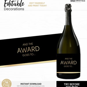 Awards Party Champagne Bottle Wrapper Instant Access Edit Now Awards Show Watch Party Digital Printable DIY Decorations image 1