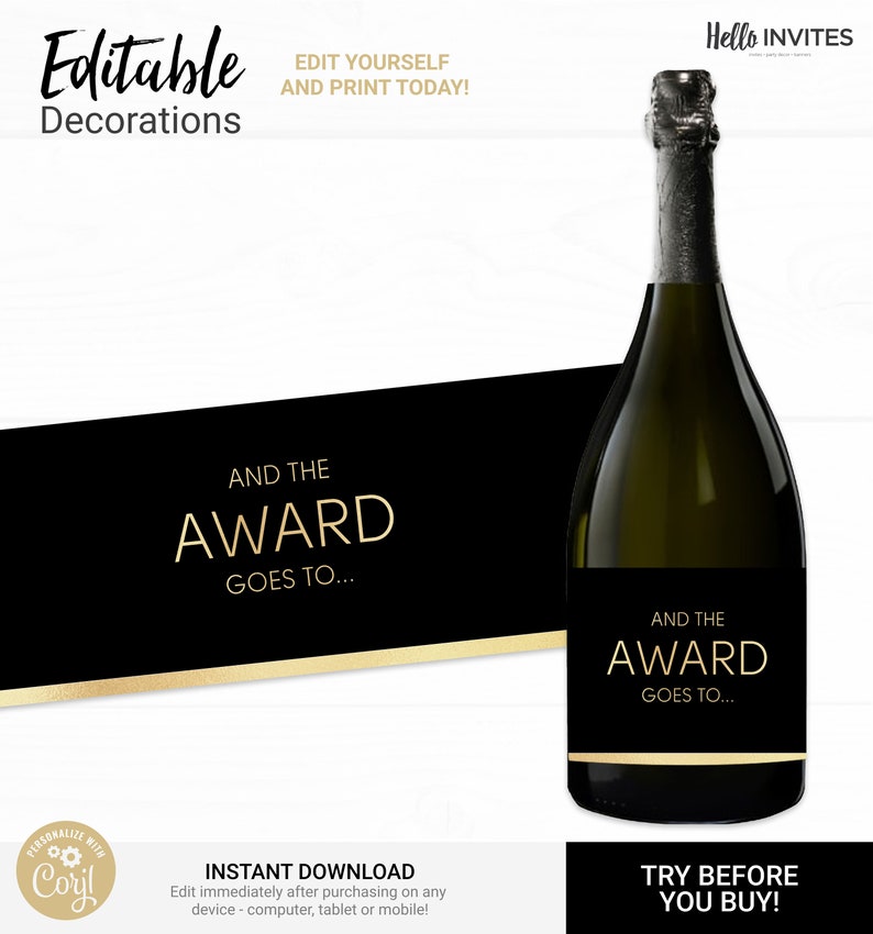 Awards Party Champagne Bottle Wrapper Instant Access Edit Now Awards Show Watch Party Digital Printable DIY Decorations image 1