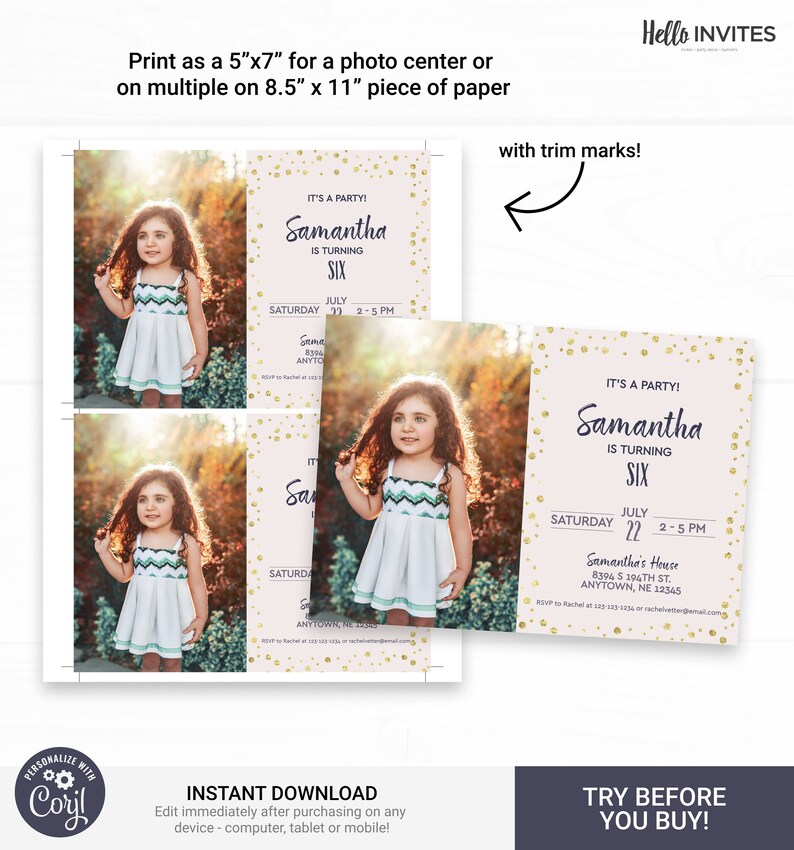 Glam Birthday Invitation with photo Instant Access Edit Now Minimal Modern Glitter Pink Gold Invite Digital Printable DIY Invitation image 3