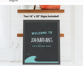 Surf Custom Party Sign Birthday Decorations - Instant Access Edit Now - Surfing Ride The Wave Party Digital Printable DIY Decor