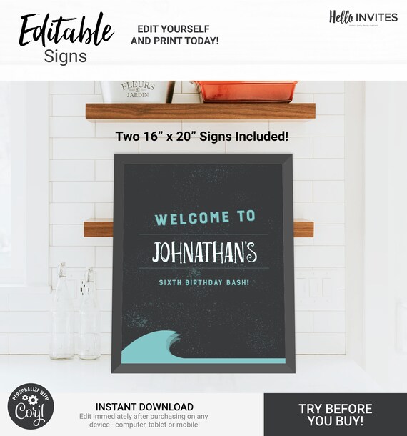 Surf Custom Party Sign Birthday Decorations - Instant Access Edit Now - Surfing Ride The Wave Party Digital Printable DIY Decor Il_570xn