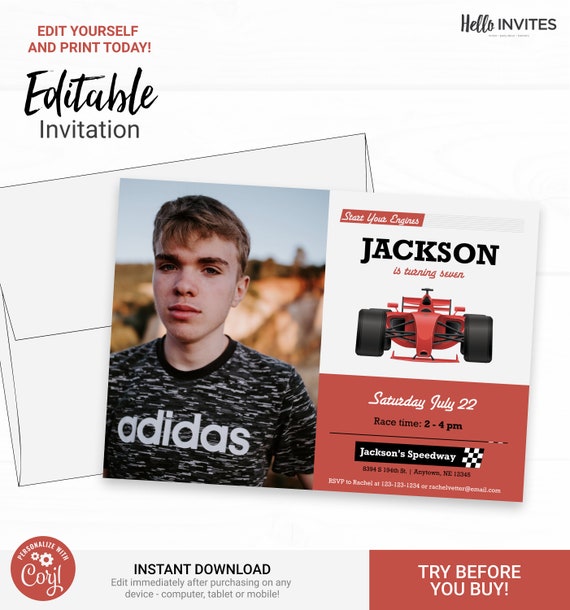 Race Car Birthday Invitation with Photo - Instant Access Edit Now - Start Your Engines Racing Invite Digital Printable DIY Invitation Il_570xn