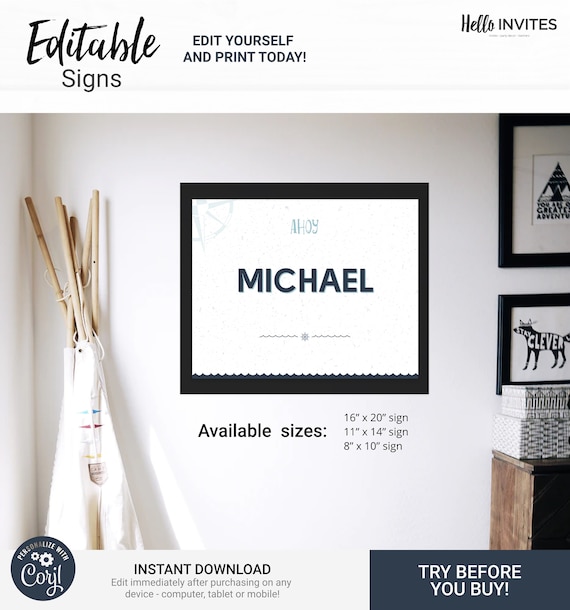 Nautical Playroom Bedroom Wall Art - Instant Access Edit Now - Ahoy Sailor Anchor Nursery Toddler Kids Name Sign Decoration Printable Il_570xn