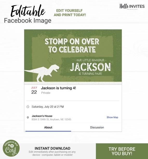 Dinosaur Facebook Event Birthday Image Invitation - Instant Access Edit Now - Prehistoric Roar T-Rex Invite Digital Printable DIY Invitation Il_570xn