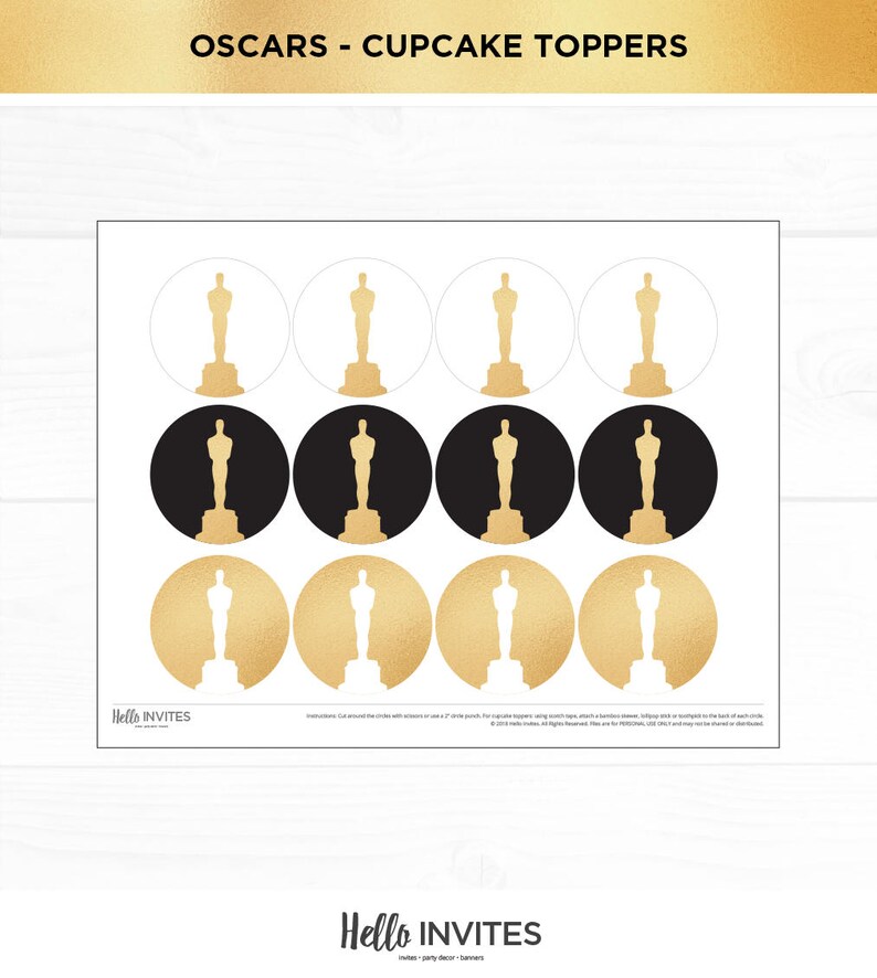 Oscars Cupcake Topper DIY Black and Gold Decorations Oscar | Etsy