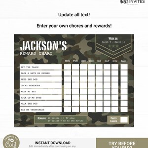 Camo Editable Reward Chart Instant Access Edit Now Military Army Camouflage Printable Chore Chart Weekly Reward Chart for Kids Printable image 3