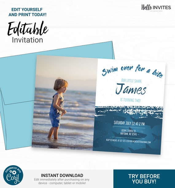 Shark Birthday Invitation with Photo - Instant Access Edit Now - Shark Week Pool Party Invite Digital Printable DIY Invitation Il_570xn
