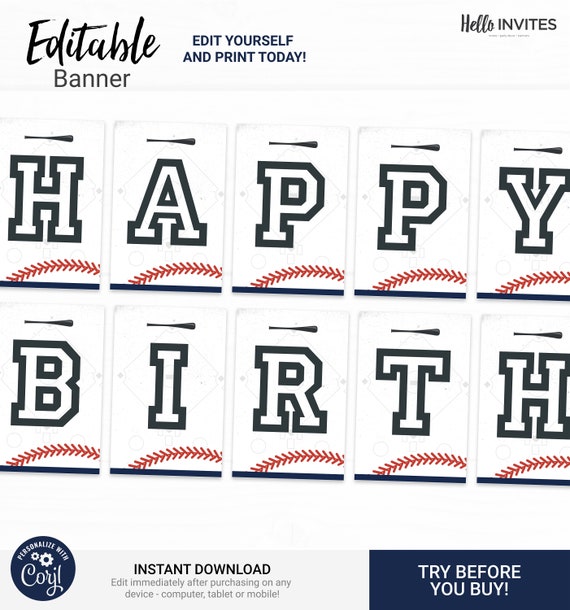 Baseball Editable Happy Birthday Banner Decorations - Instant Access Edit Now - Baseball Bat Field Digital Printable DIY Decor Il_570xn