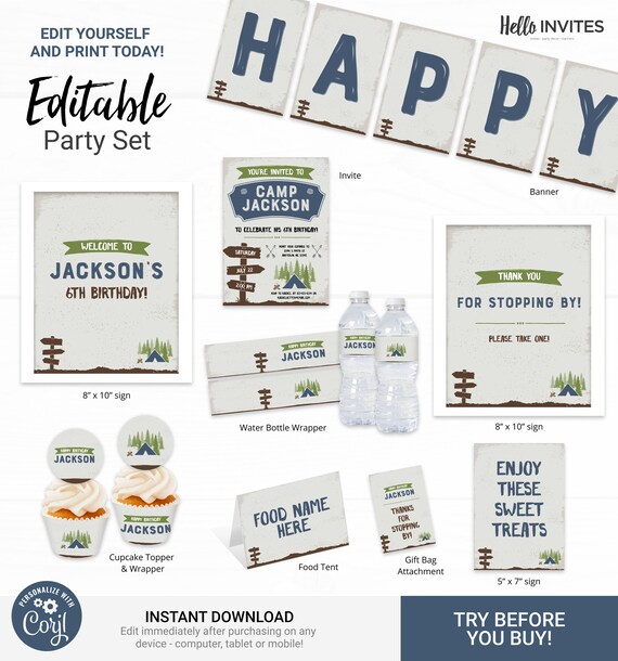 Camping Party Birthday Decorations - Instant Access Edit Now - Forest Camping Mountains Invite Blue Decor Digital Printable DIY Il_570xn