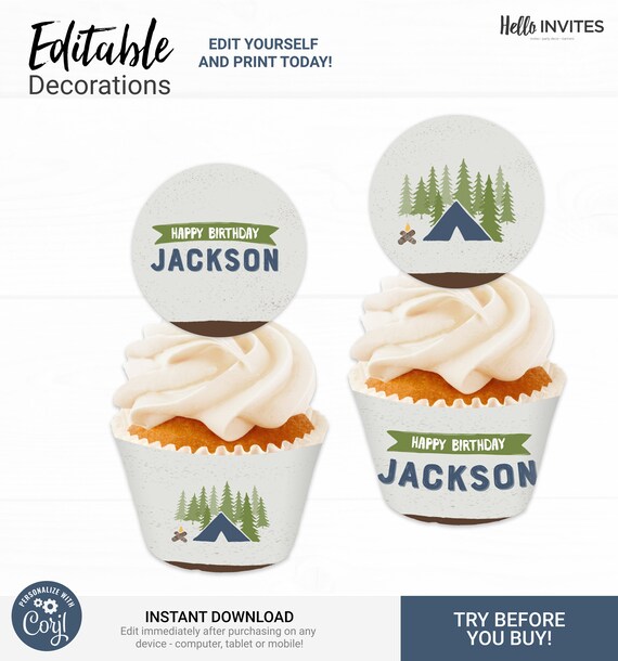 Camping Cupcake Topper and Wrapper Birthday Decorations - Instant Access Edit Now - Forest Camping Mountain Blue Decor Digital Printable DIY Il_570xn