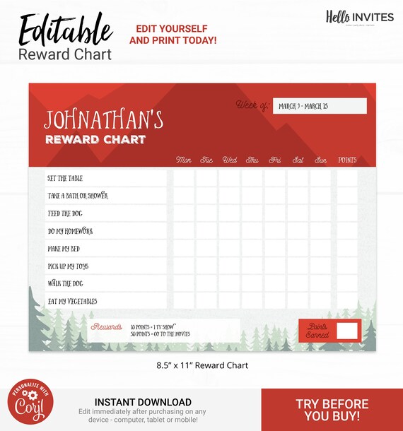 Adventure Awaits Editable Reward Chart - Instant Access Edit Now - Forest Mountains Printable Chore Chart Weekly Reward Chart for Kids Il_570xn