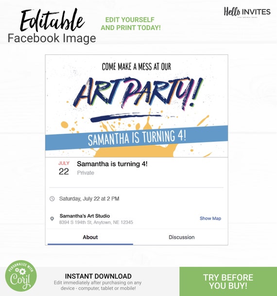 Art Party Birthday Facebook Event Invitation - Instant Access Edit Now - Rainbow Artist Palette Invite Digital Printable Invitation Il_570xn