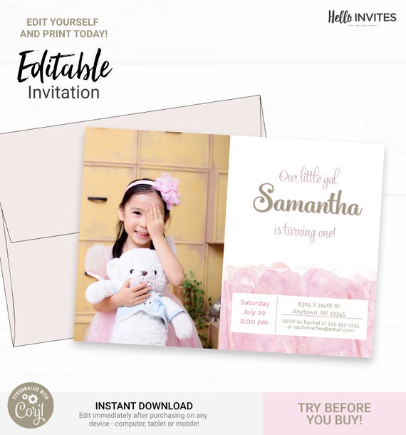 Pink Watercolor Birthday Invitation with Photo - Instant Access Edit Now - Modern Girly Invite Digital Printable DIY Invitation Il_570xn
