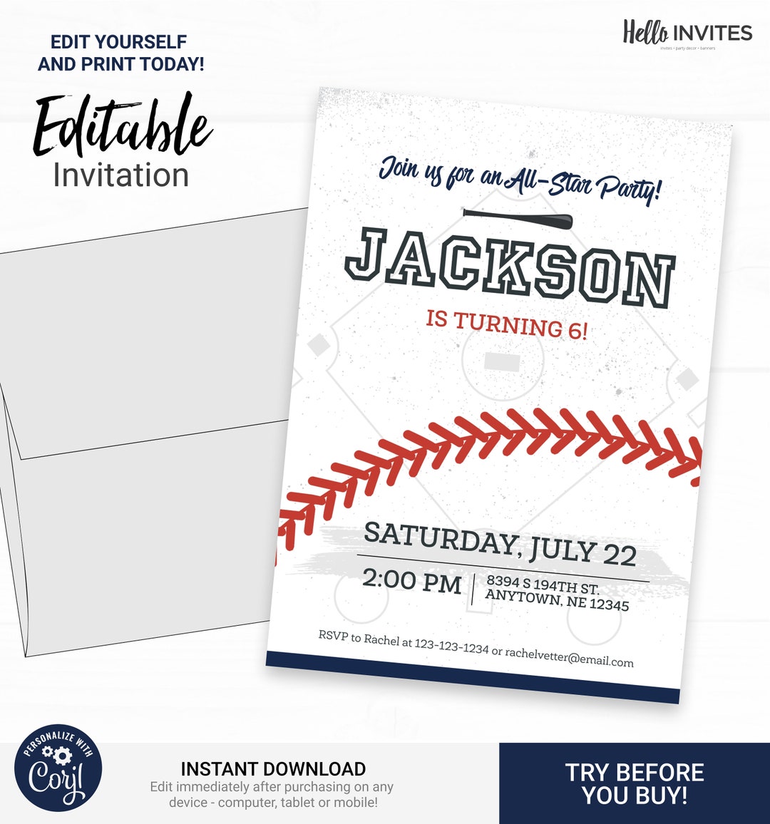 Baseball Birthday Invitation Instant Access Edit Now Baseball Bat Field ...
