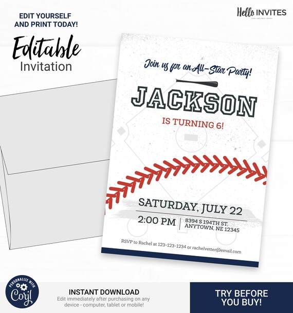Baseball Birthday Invitation - Instant Access Edit Now - Baseball Bat Field Invite Digital Printable Invitation Il_570xn