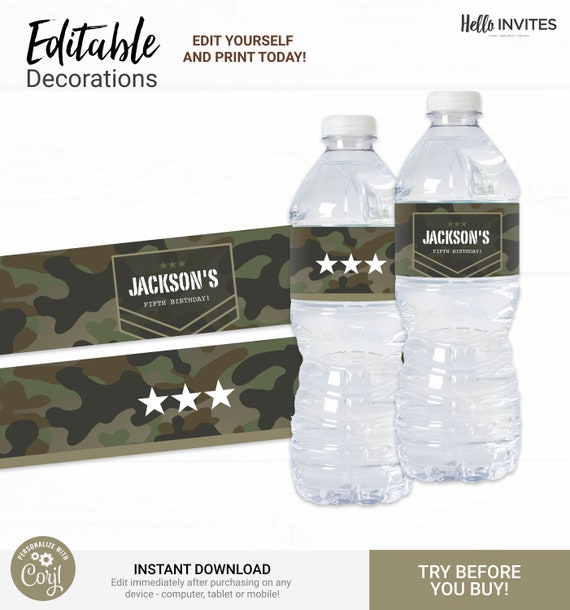 Camo Water Bottle Wrapper Birthday Decorations - Instant Access Edit Now - Military Army Digital Printable DIY Decor Il_570xn