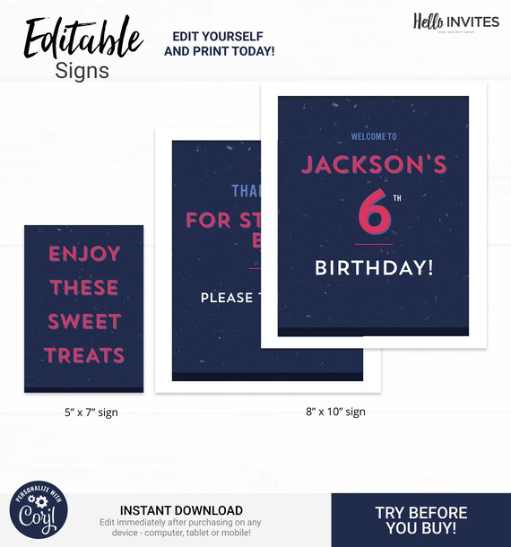 Geometric Custom Party Sign Birthday Decorations - Instant Access Edit Now - Minimal Modern Clean Blue Digital Printable DIY Decor Il_570xn