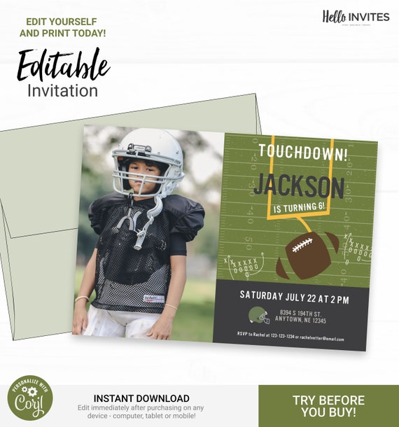 Football Birthday Invitation with photo - Instant Access Edit Now - Football Field Sports Invite Digital Printable DIY Invitation Il_570xn