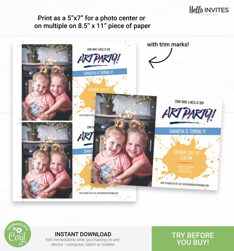 Art Party Birthday Invitation with Photo Instant Access Edit Now Rainbow Artist Palette Invite Digital Printable Invitation image 3